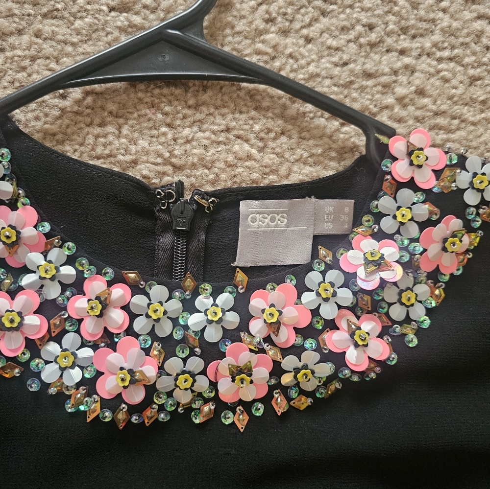 Asos black dress with flowers beeded neck. - Picture 2 of 3